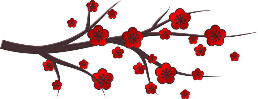 3d cherry branch with red flowers.
